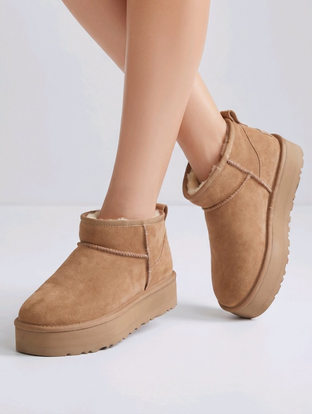 Olivia & Kate Women's Tan Suede Short Platform Shearling Booties